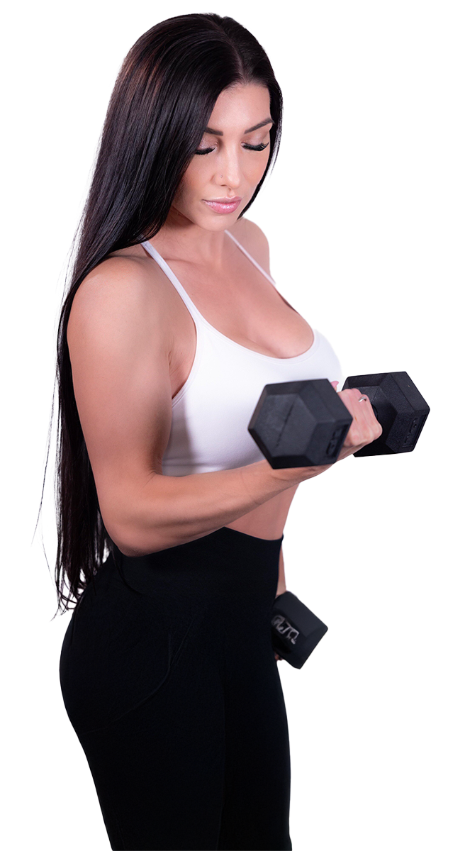 A woman is lifting a dumbbell on a white background.