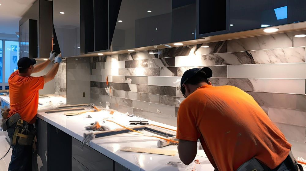 Two workers tiling a kitchen backsplash with marble-like tiles; one is using a level, the other working below.