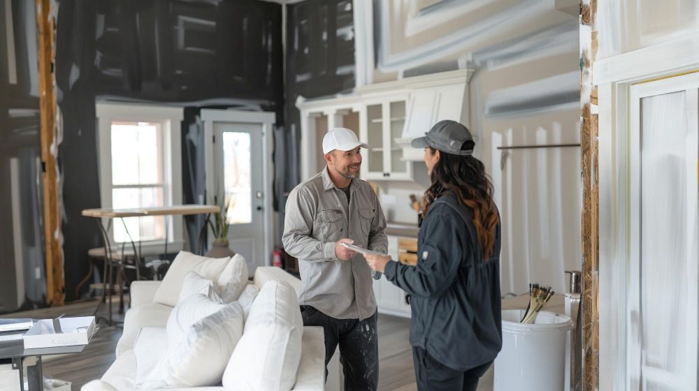 Two people in caps inside a room under renovation. Man hands woman papers. Black wall.