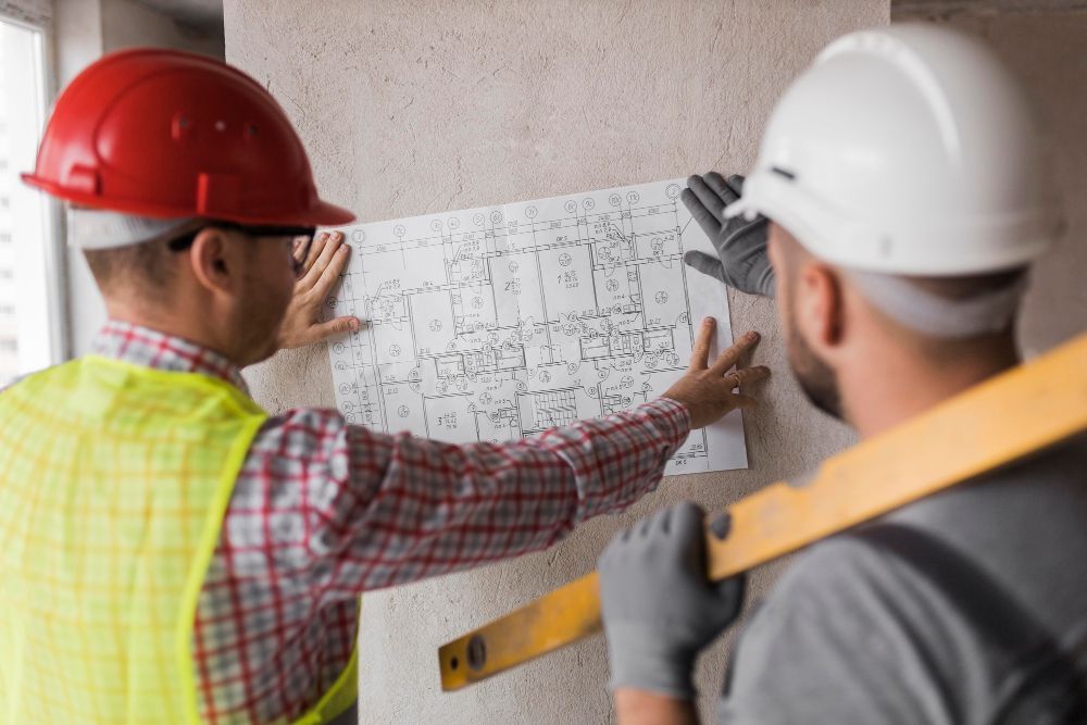 Two construction workers reviewing a blueprint attached to a wall.