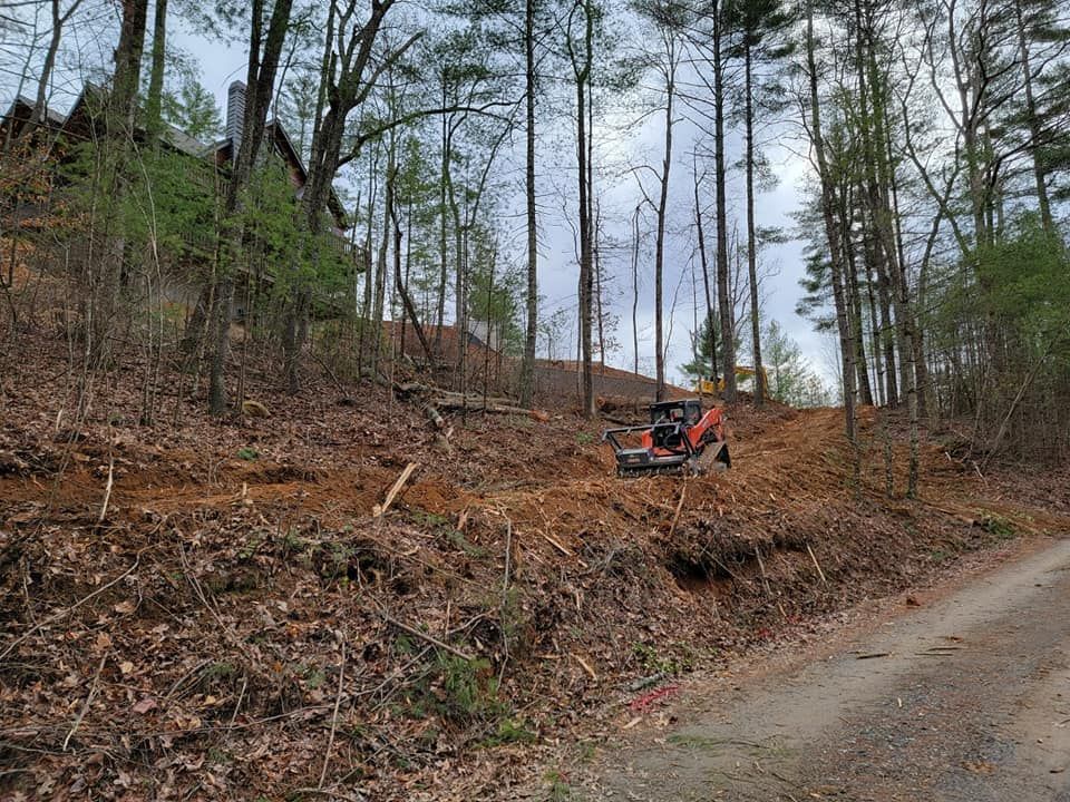 A bulldozer is driving down a dirt road in the woods.