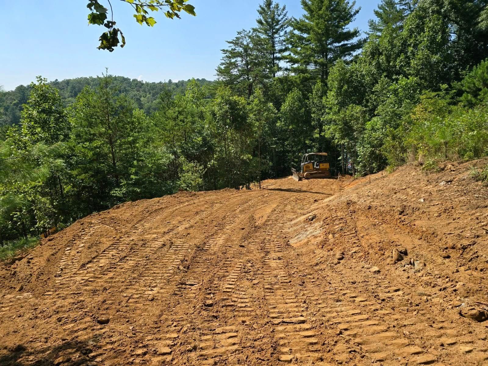 A bulldozer is driving down a dirt road surrounded by trees