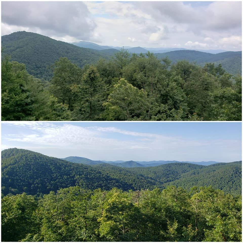 Two pictures of a mountain range with trees and a cloudy sky