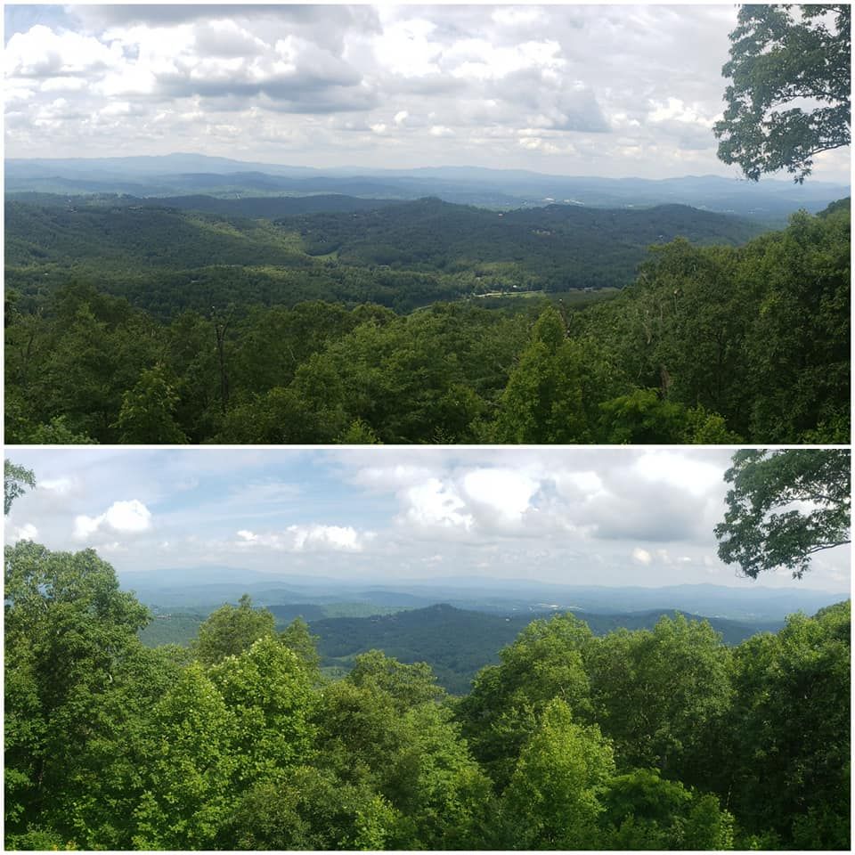 A collage of two pictures of a mountain range with trees in the foreground and a cloudy sky in the background.