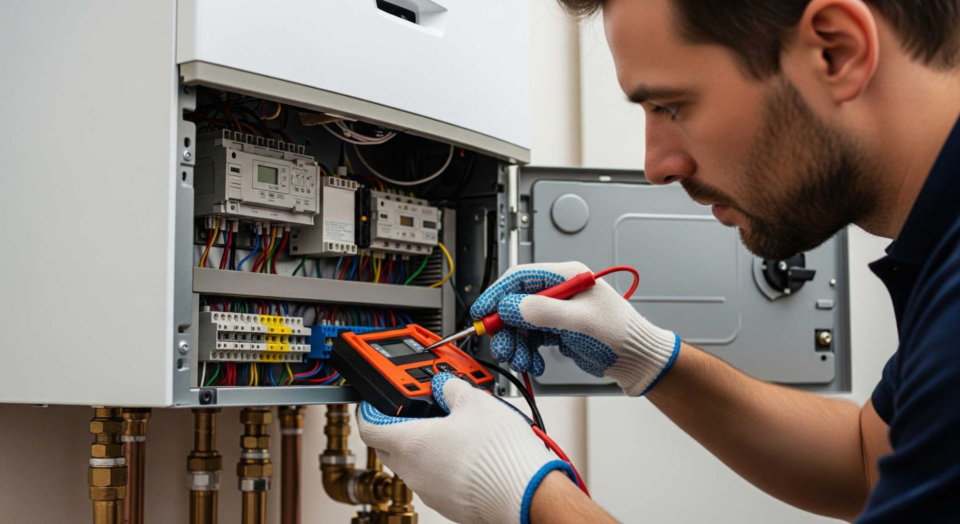 Close-up of HVAC specialist testing electrical circuits during a residential furnace repair. Close-up of HVAC specialist testing electrical circuits during a residential furnace repair.