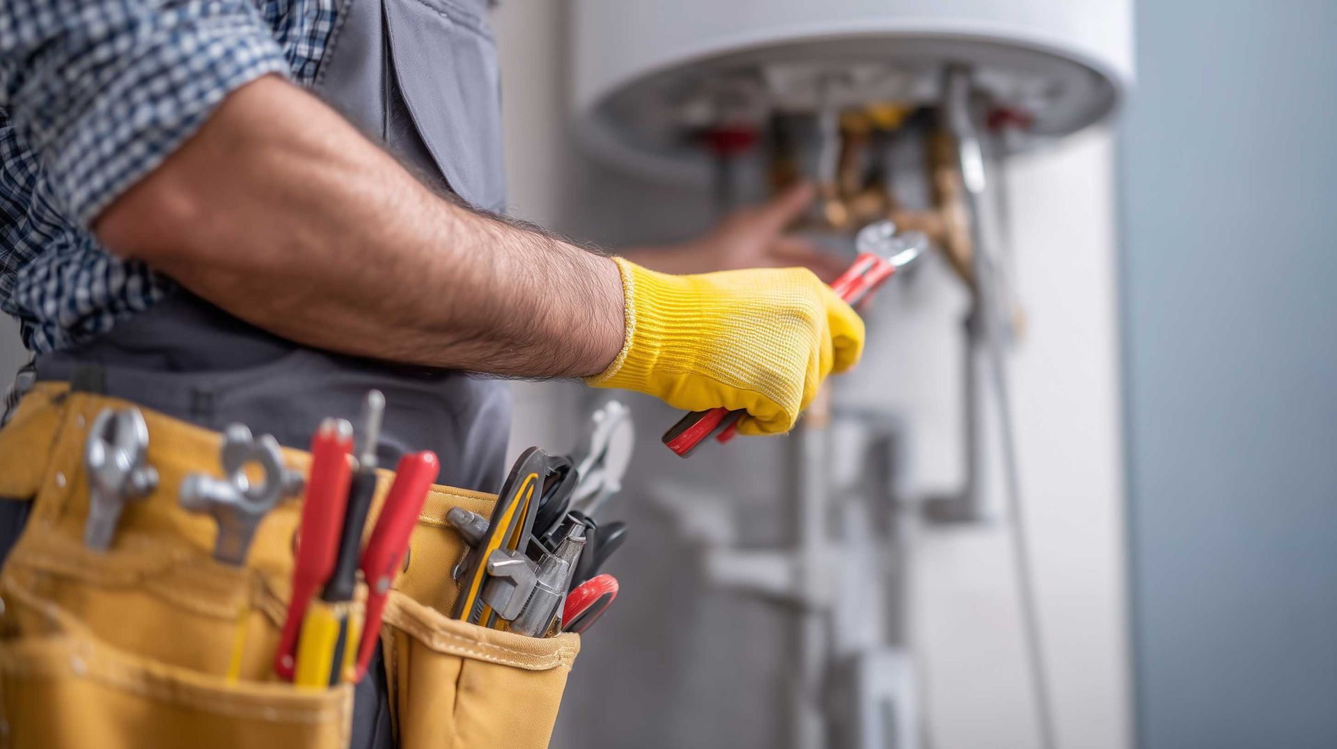 Professional technician with tool belt performing expert furnace repair and maintenance. Professional technician with tool belt performing expert furnace repair and maintenance.