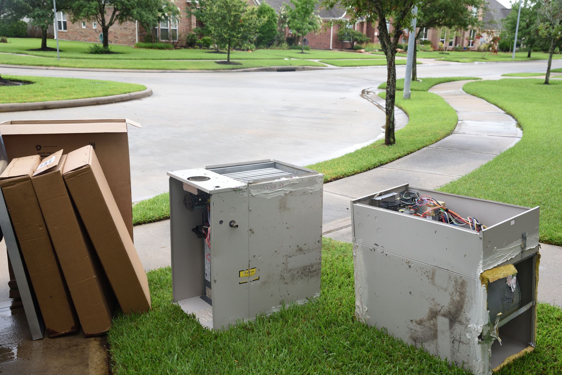 Old gas furnace units sitting at a curb after a technician has replaced the units with new ones 