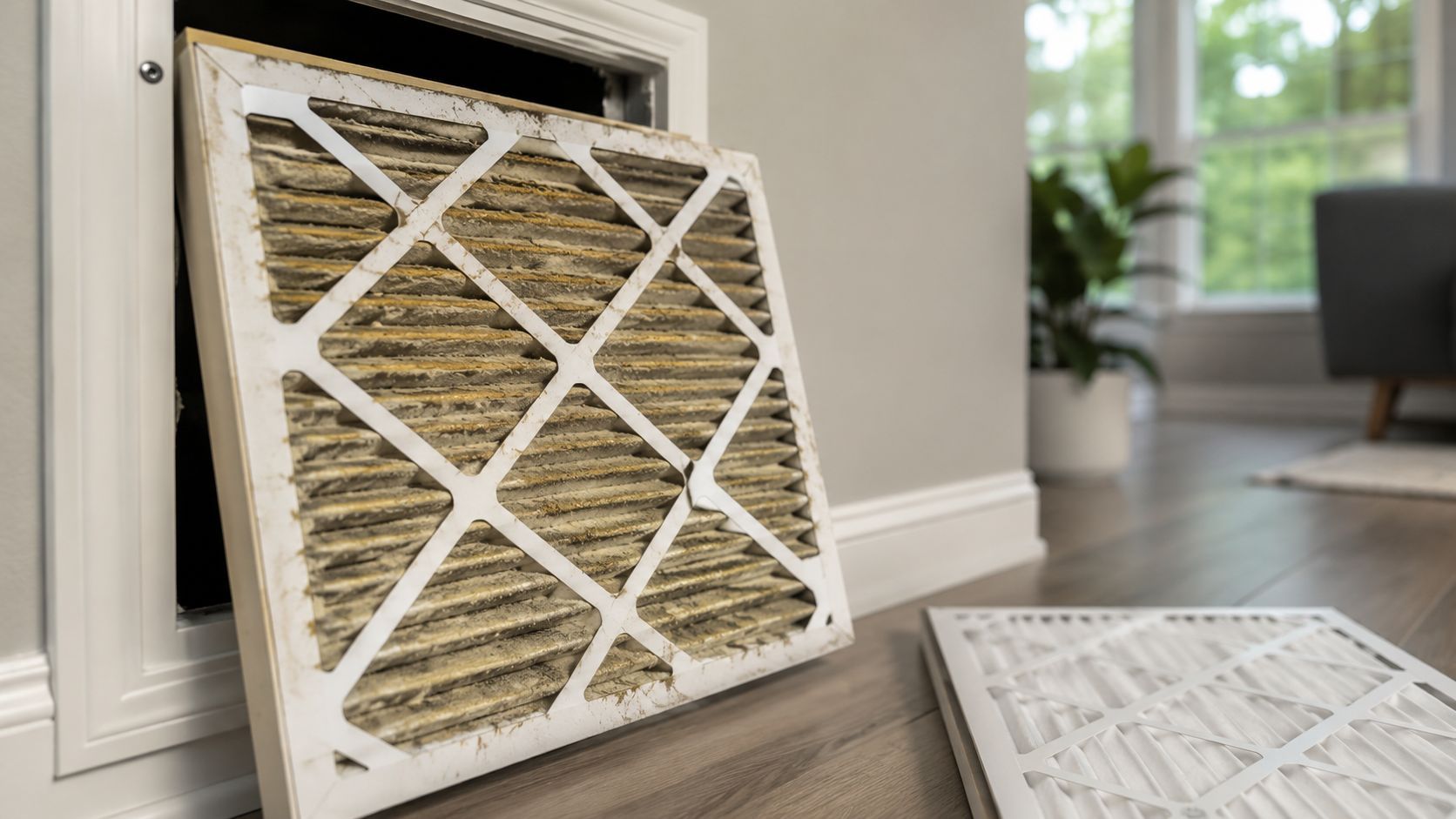 Dirty HVAC filter being removed from a vent, with a replacement filter on the floor nearby.