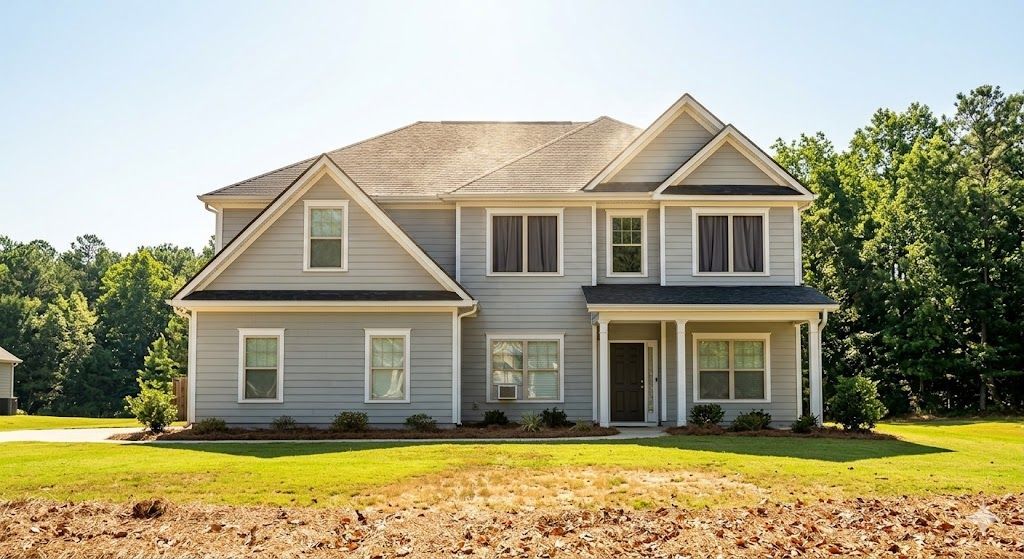 Two-story gray house with a front porch, white trim, and a large lawn under a clear sky