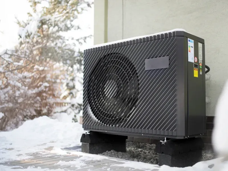 Outdoor HVAC unit on a snowy patio beside a house, with snow-covered trees in the background