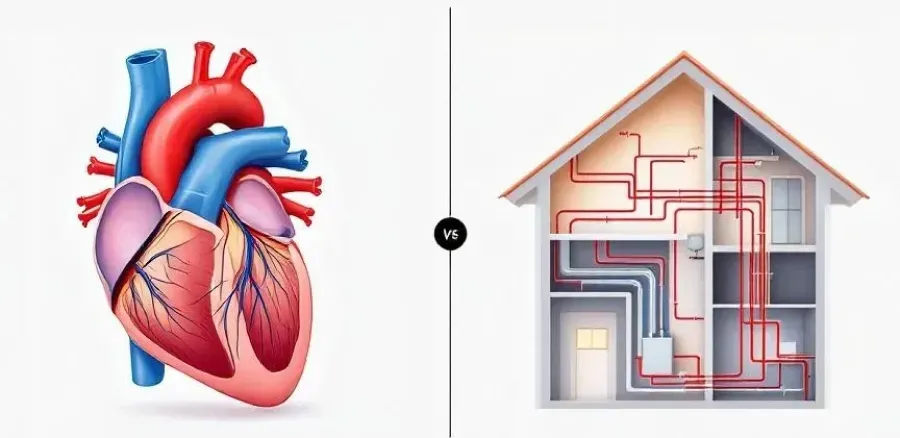 Heart anatomy diagram beside a house cross-section showing interior pipes and wiring