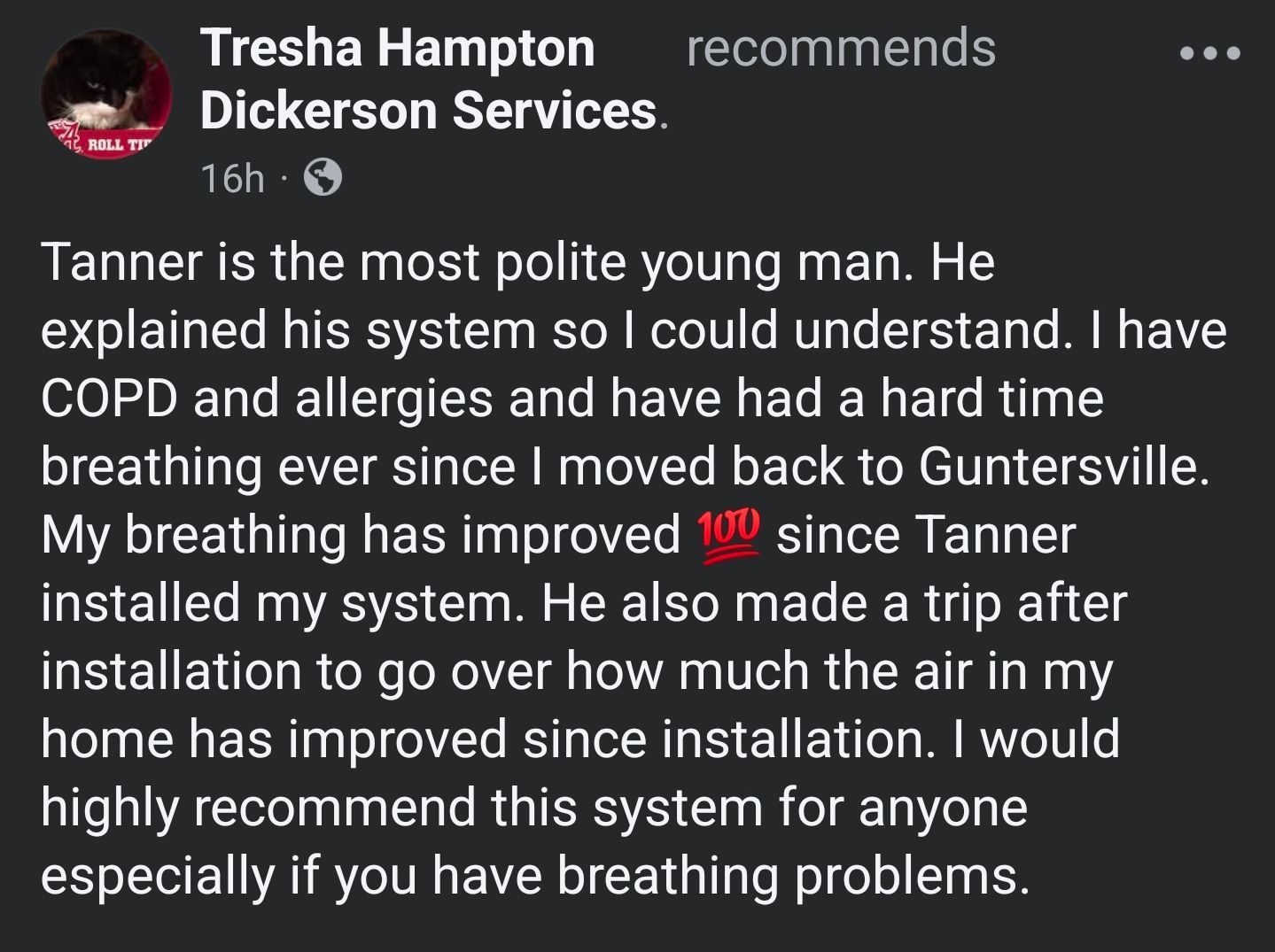 Facebook recommendation praising Dickerson Services for improving home breathing comfort with a new HVAC system