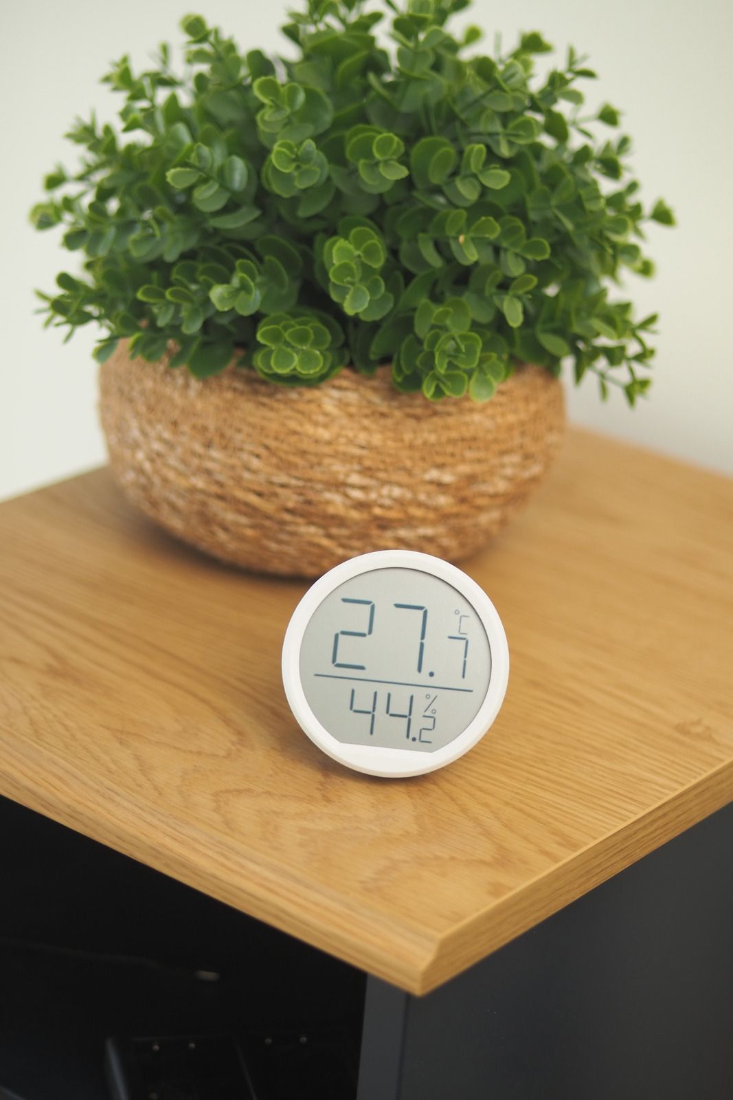 White digital thermometer on a wooden table beside a potted plant, showing 27.1°C and 44% humidity