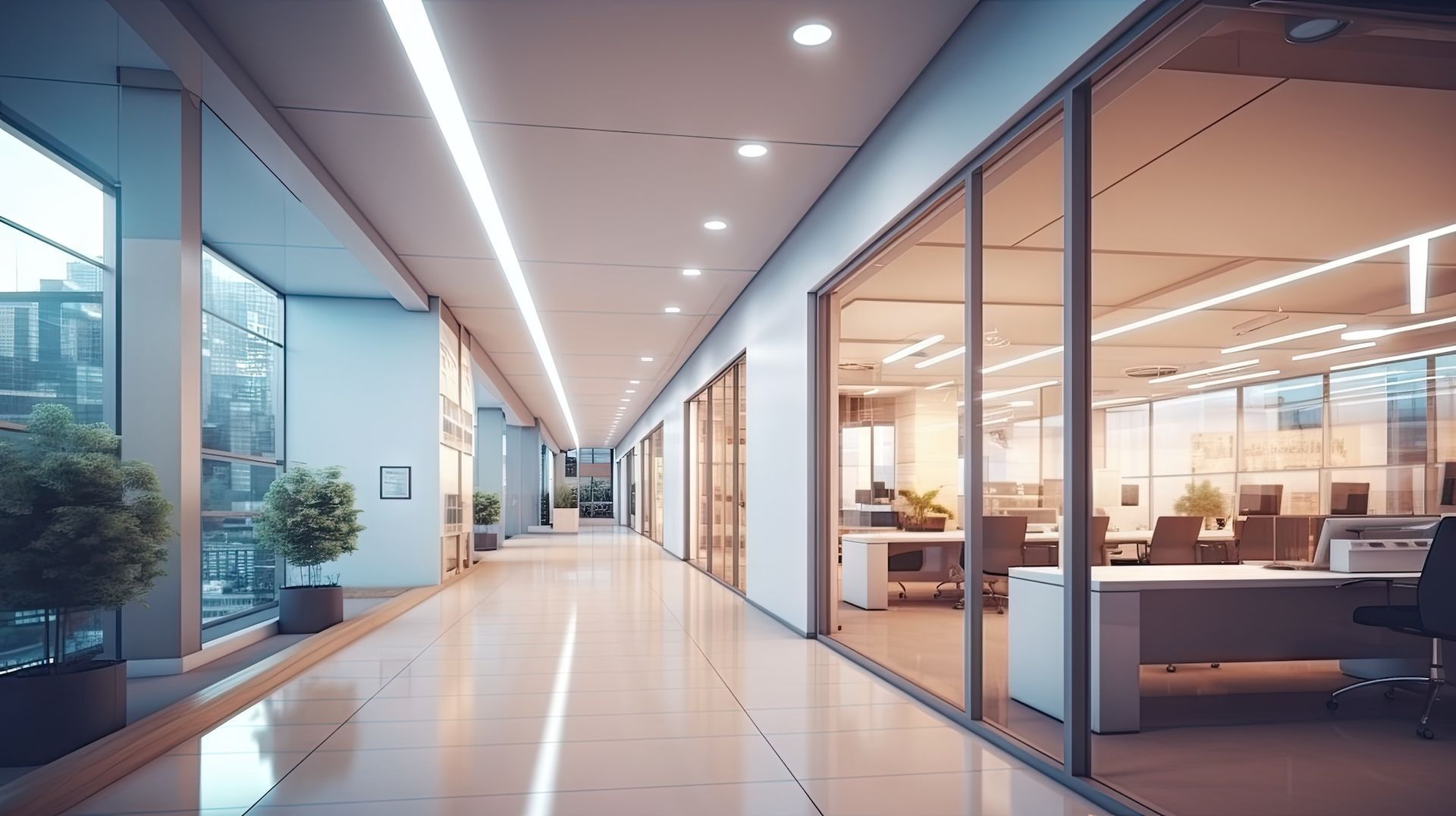 A long hallway in an office building with lots of windows.