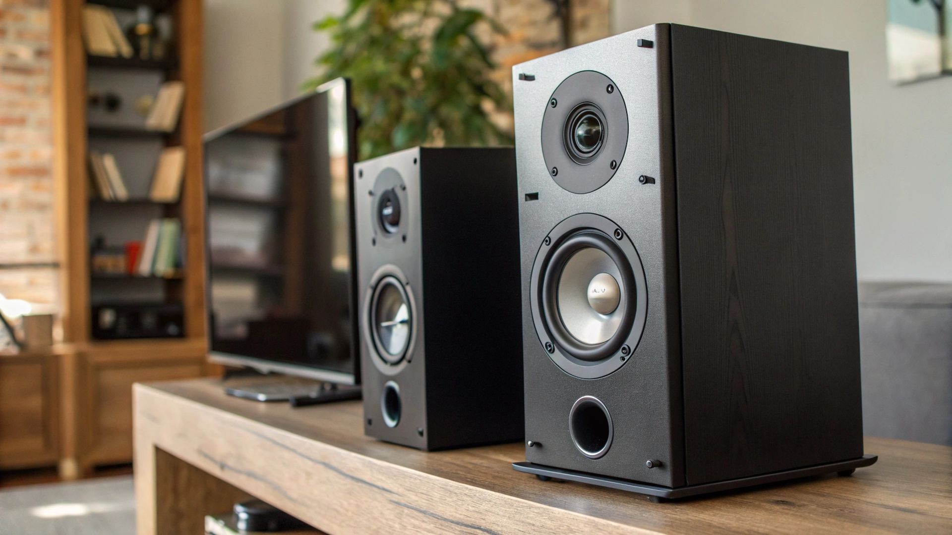 Two speakers are sitting on a wooden table in a living room.