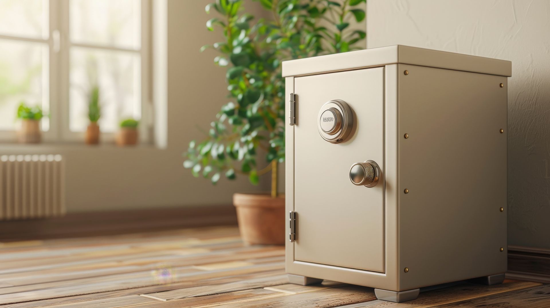A safe is sitting on a wooden floor in a room next to a window.