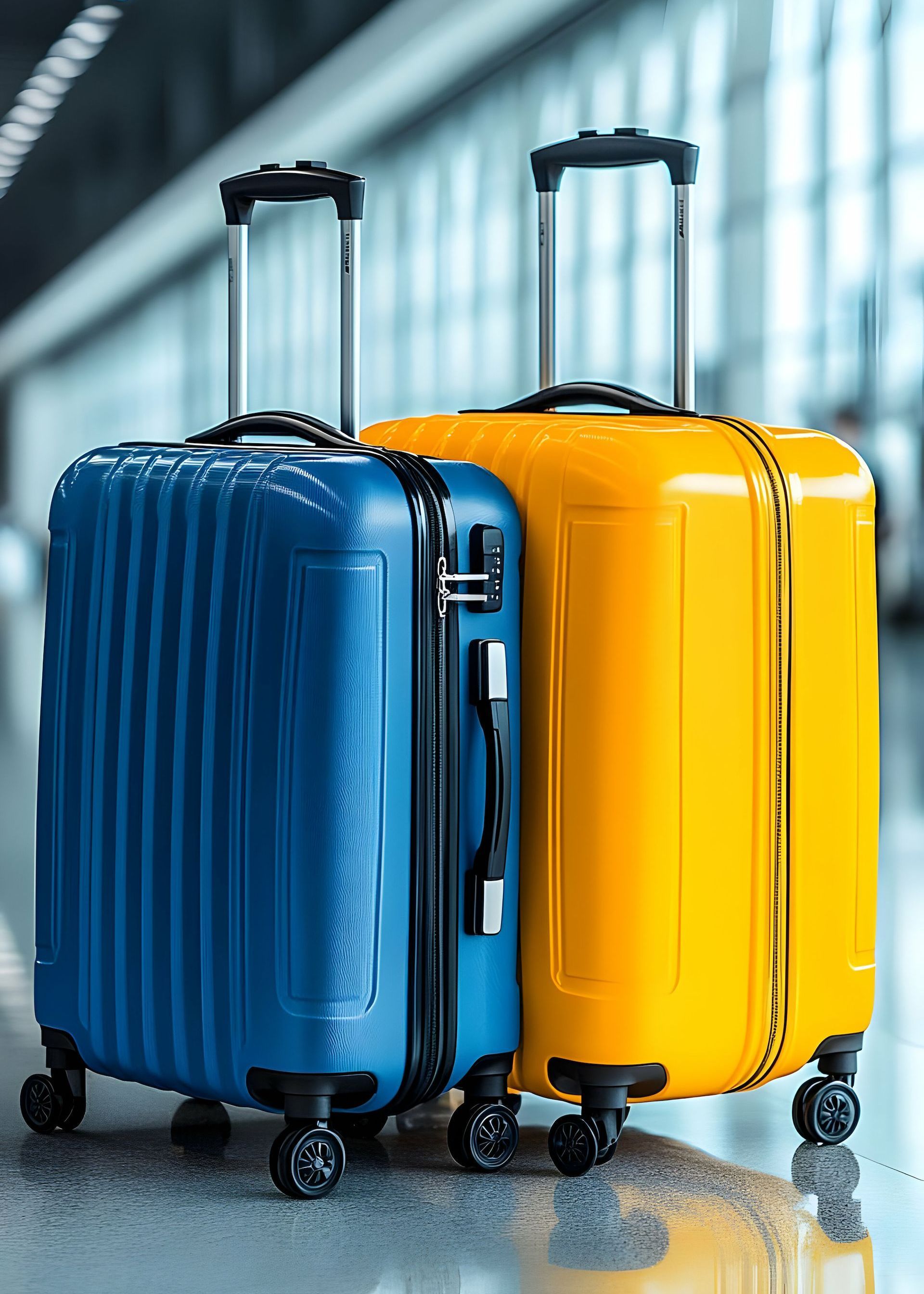 Two suitcases , one blue and one yellow , are sitting next to each other in an airport.