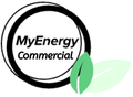 A logo for my energy commercial with a green leaf in the middle.
