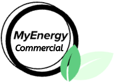 A logo for my energy commercial with a green leaf in the middle.