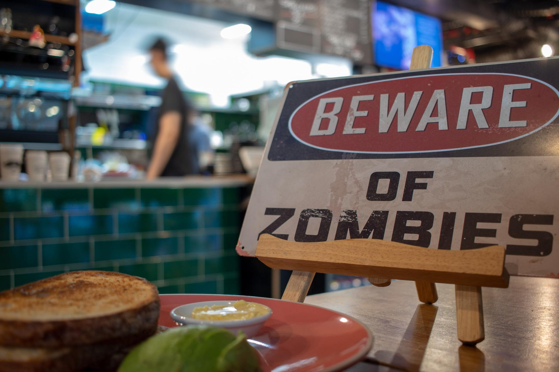 beware of zombies sign at a restaurant