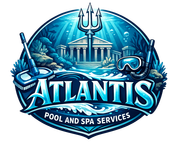 Atlantis Pool and Spa Services logo with trident, columns, and pool imagery in blue tones