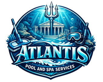 Atlantis Pool and Spa Services logo with trident, columns, and pool imagery in blue tones