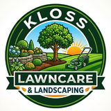 Logo for Kloss Lawncare & Landscaping featuring a tree, garden, and lawnmower in a circular green frame.