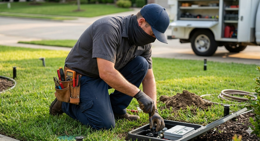Worker kneeling in grass planting flowers beside a truck, wearing gloves and a tool belt.