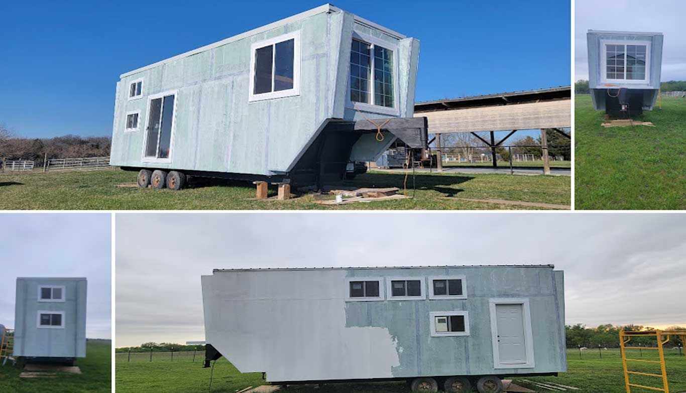 A collage of four pictures of a tiny house on wheels in a field.