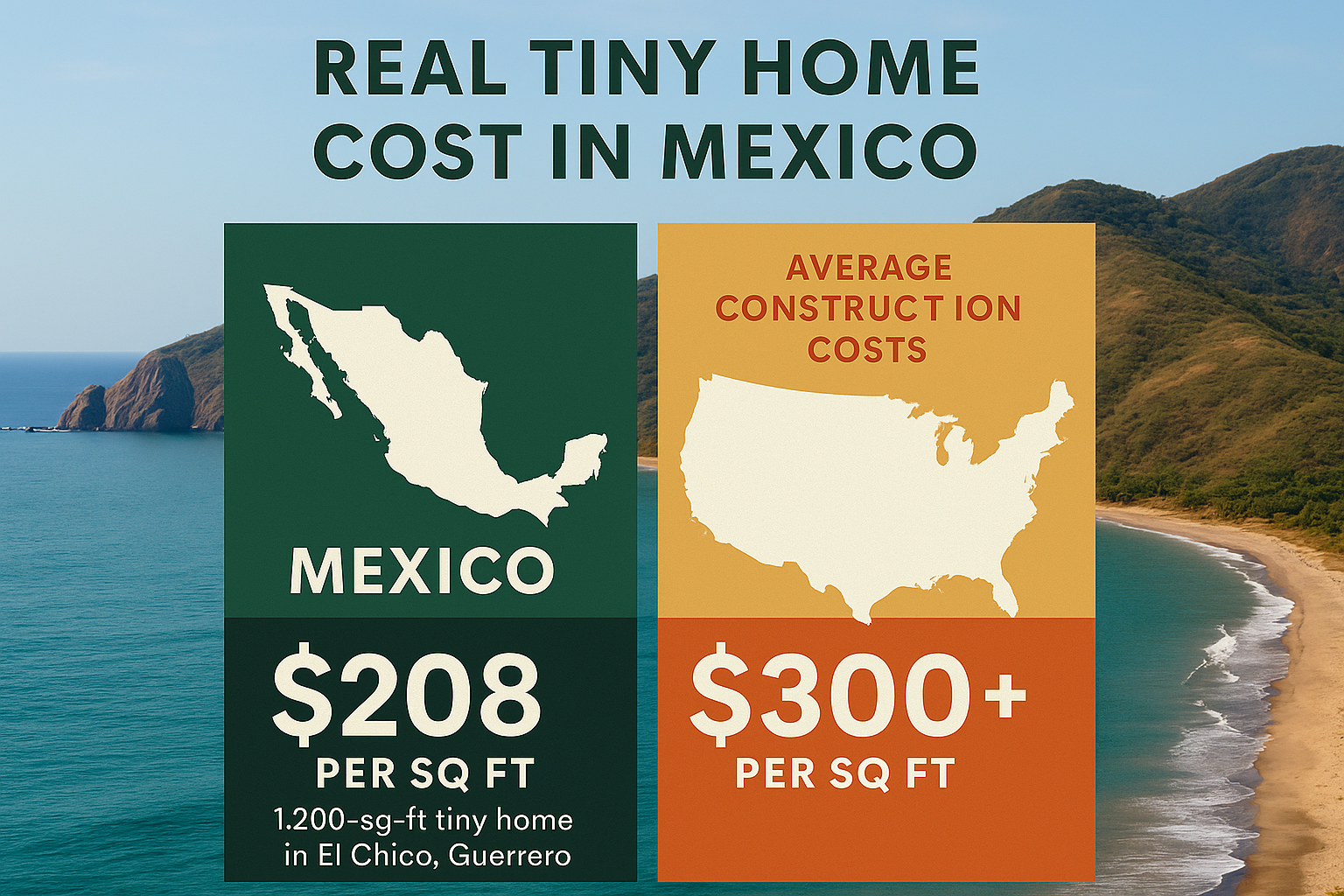 Comparison of tiny home costs: $208/sq ft in Mexico vs. $300+/sq ft in the USA, with maps of each country.