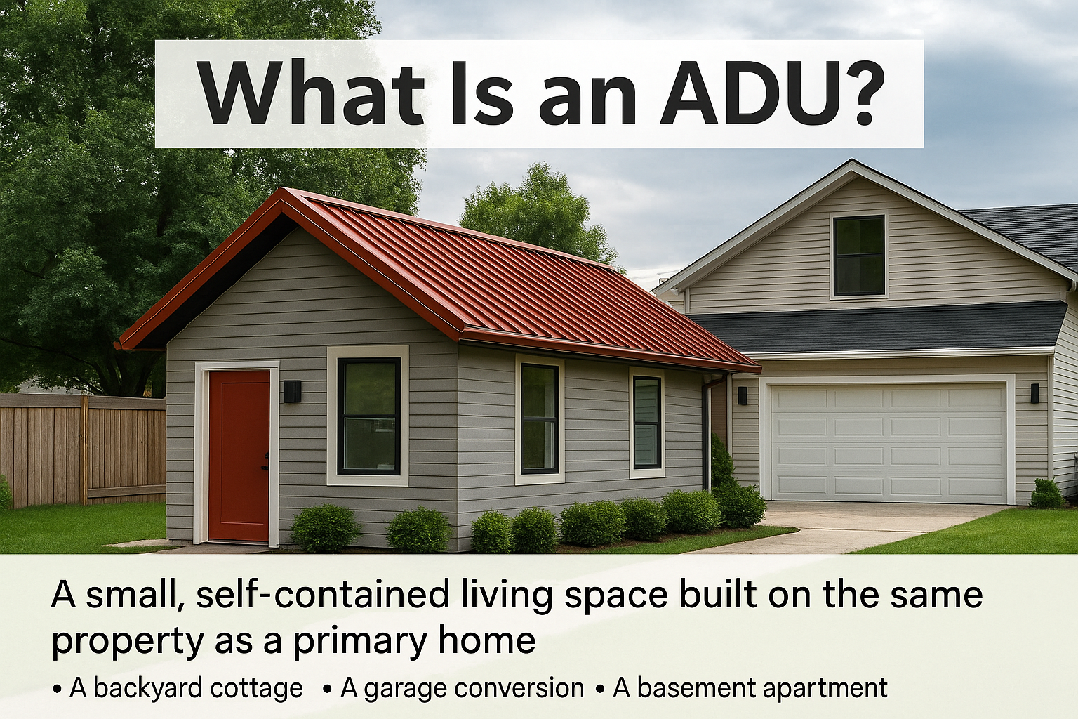 ADU definition: gray cottage with red door and roof, next to a garage. Text: 