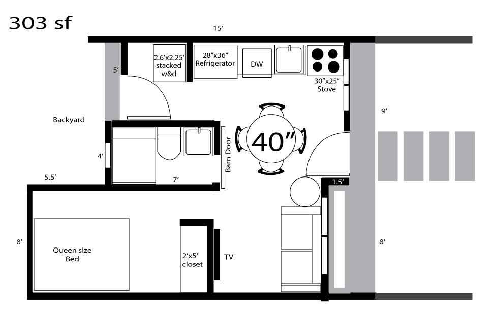 Architectural floor plan of a house with kitchen, bathroom, bedroom, and living area. Floor plan of a 303 sq ft studio apartment with kitchen, dining area, bedroom, and closet.
