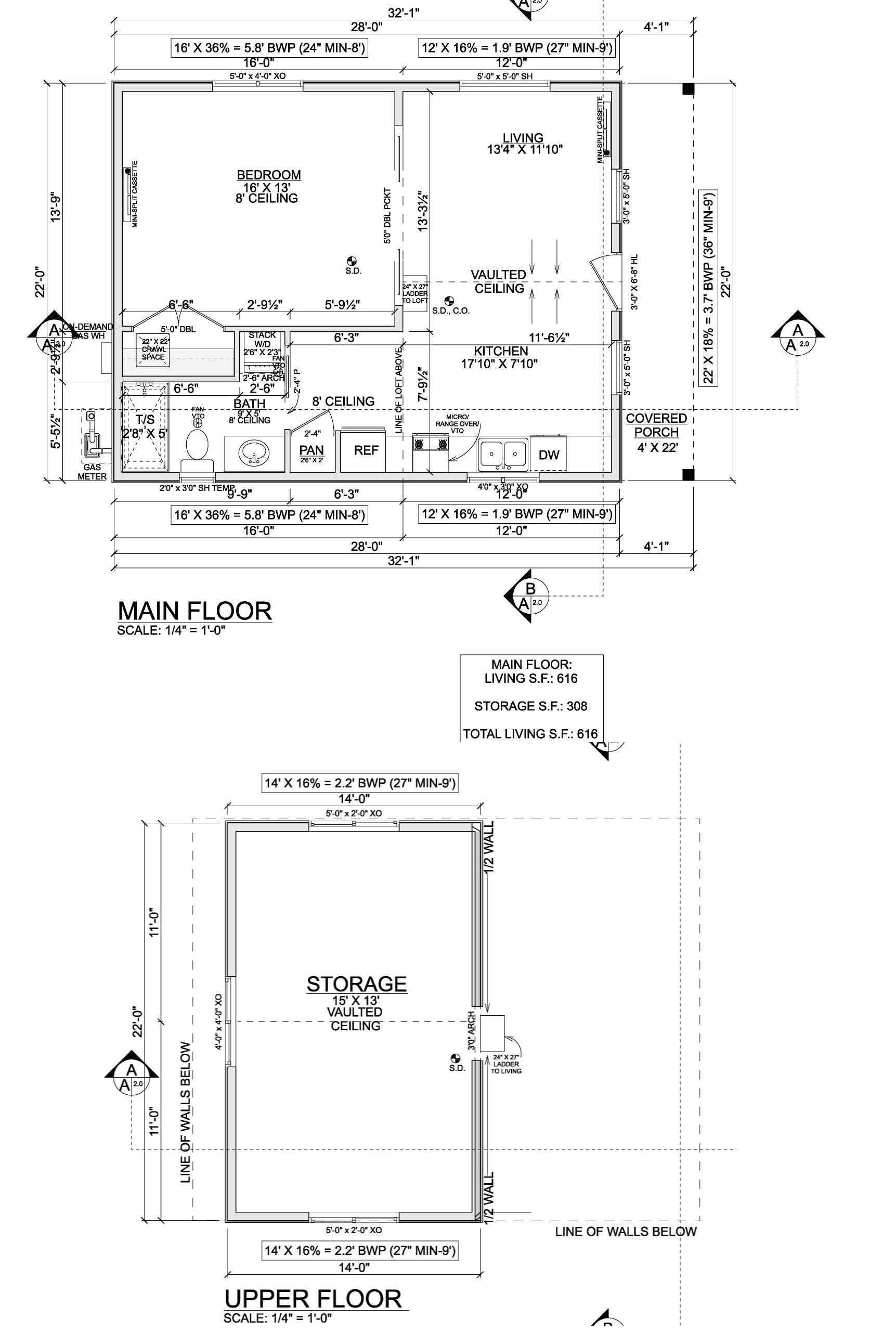 Architectural floor plan of a house with kitchen, bathroom, bedroom, and living area. Floor plans of a two-story building: main floor and lower floor storage area.