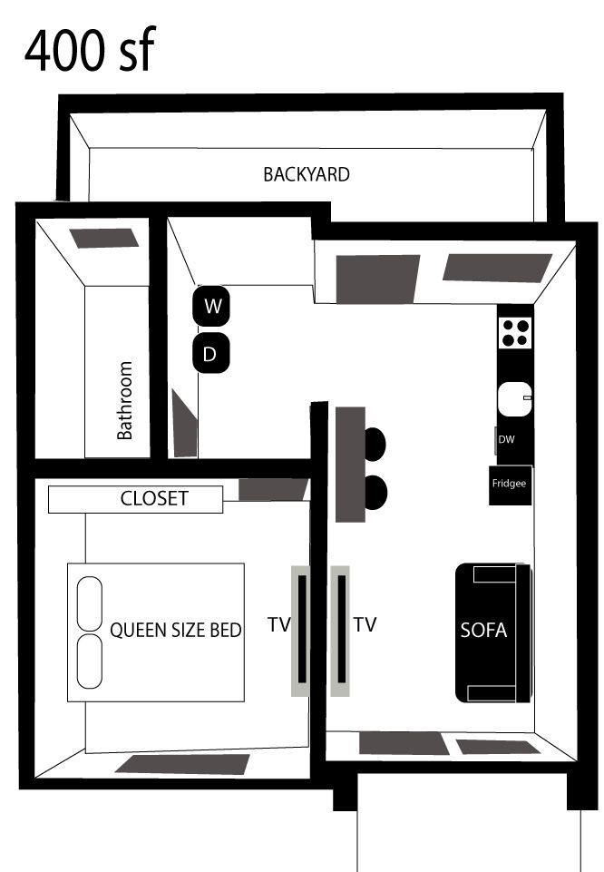Architectural floor plan of a house with kitchen, bathroom, bedroom, and living area. Floor plan of a small apartment with a bedroom, bathroom, kitchen, and living area.