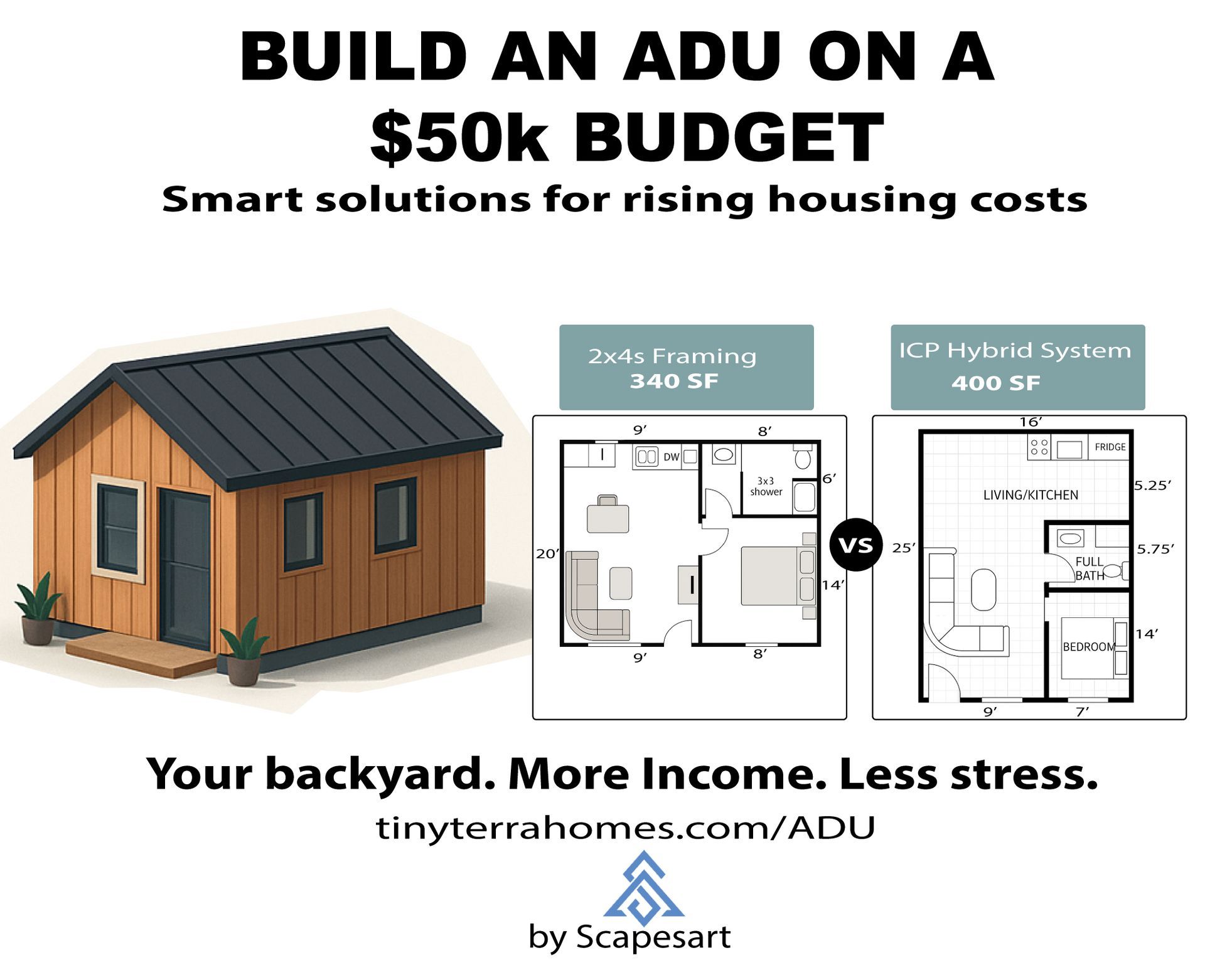 A small wooden house with a black roof and a floor plan.