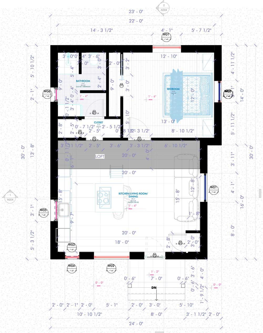 Architectural floor plan of a house with kitchen, bathroom, bedroom, and living area. Architectural floor plan of a house with kitchen, bathroom, bedroom, and living area.