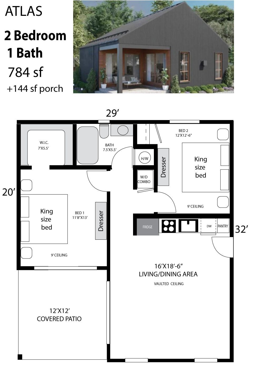 Floor plan for a 2-bedroom, 1-bath house, with front exterior view.
