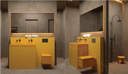A bathroom with a yellow sink , toilet , mirror and shower.
