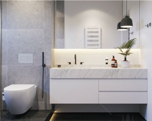 A bathroom with a toilet a sink and a mirror