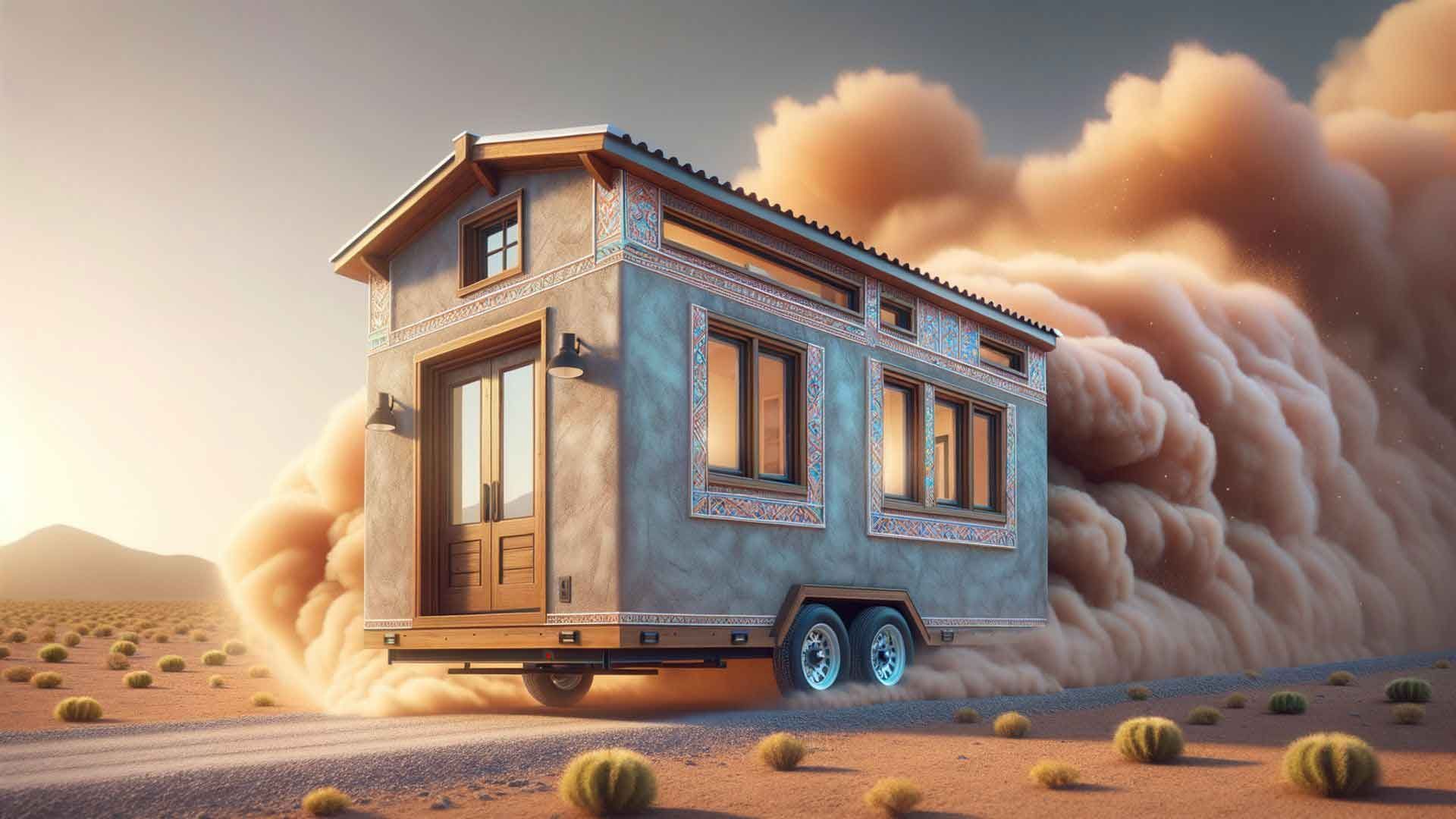 A tiny house on wheels is driving down a dirt road in the desert.