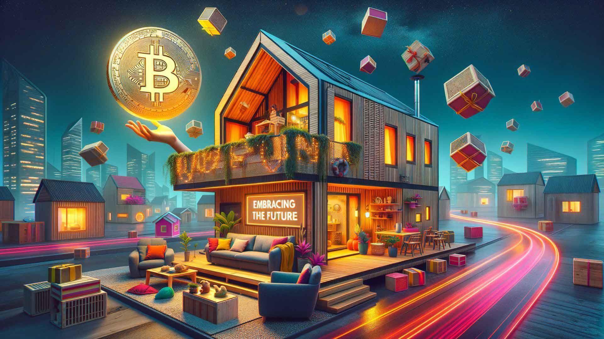 A 3d rendering of a house with a bitcoin sign above it.