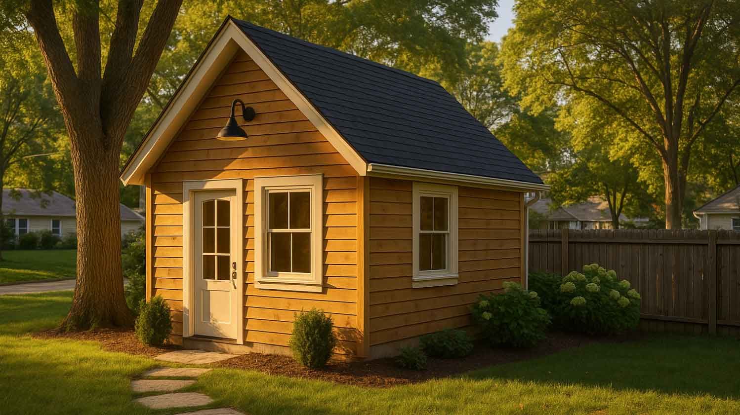 Small, wooden shed in a yard with a pathway. It has a dark roof, white doors and windows, and is surrounded by greenery.