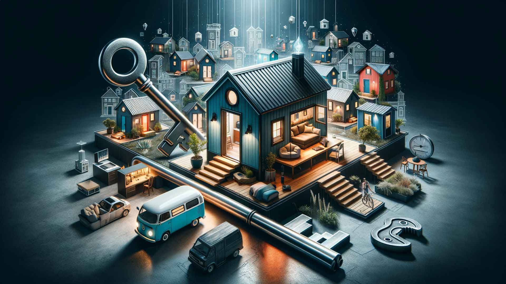 A house is surrounded by cars , a van , and a magnifying glass.