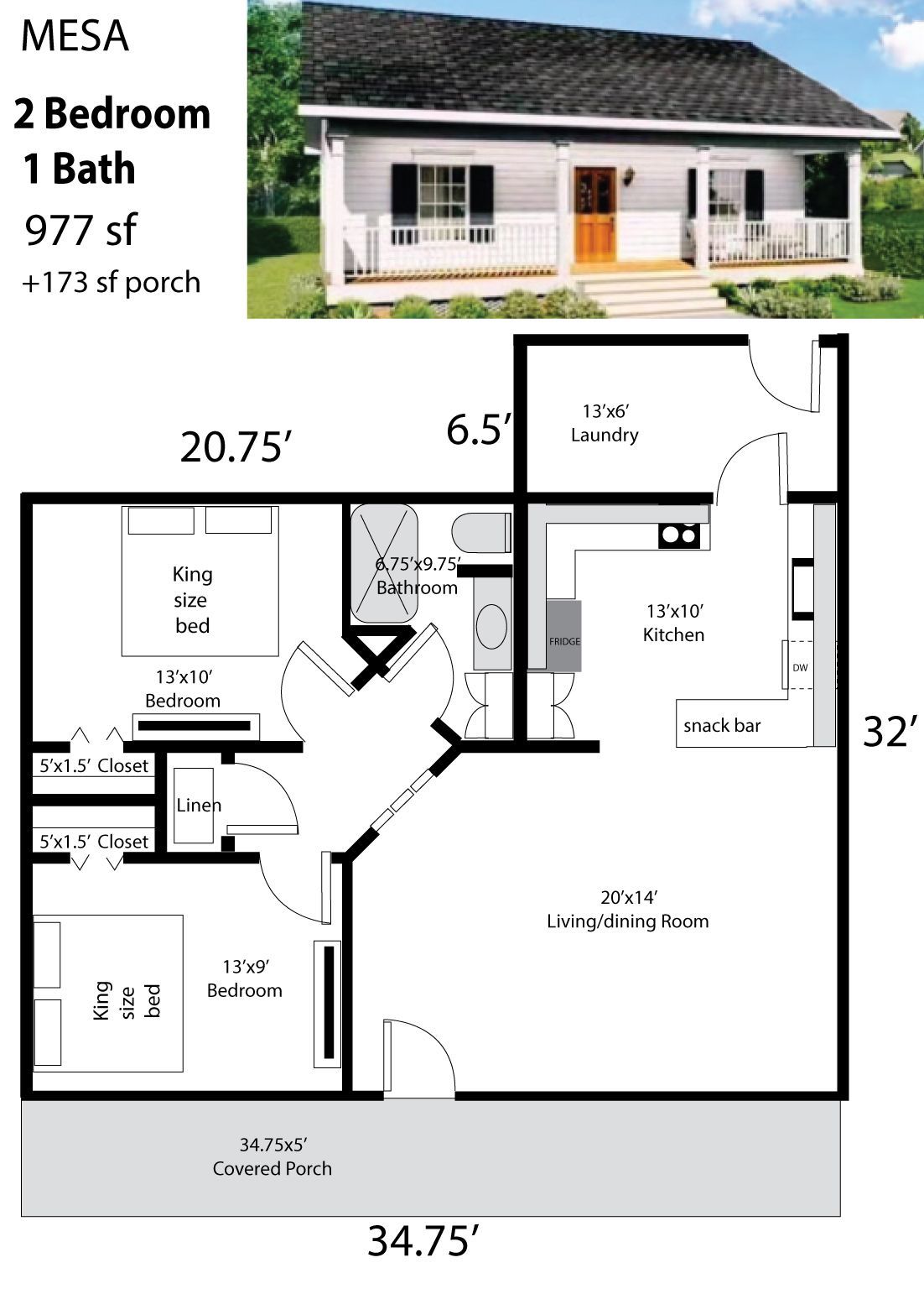 Floor plan of a 2-bedroom, 1-bath house with 977 sq ft and a porch. The exterior image is included.