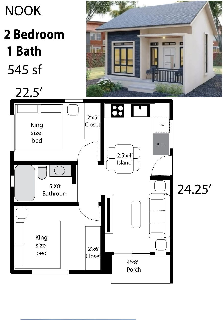 Floor plan of a small house, featuring two bedrooms, one bath, and a combined living/kitchen area.