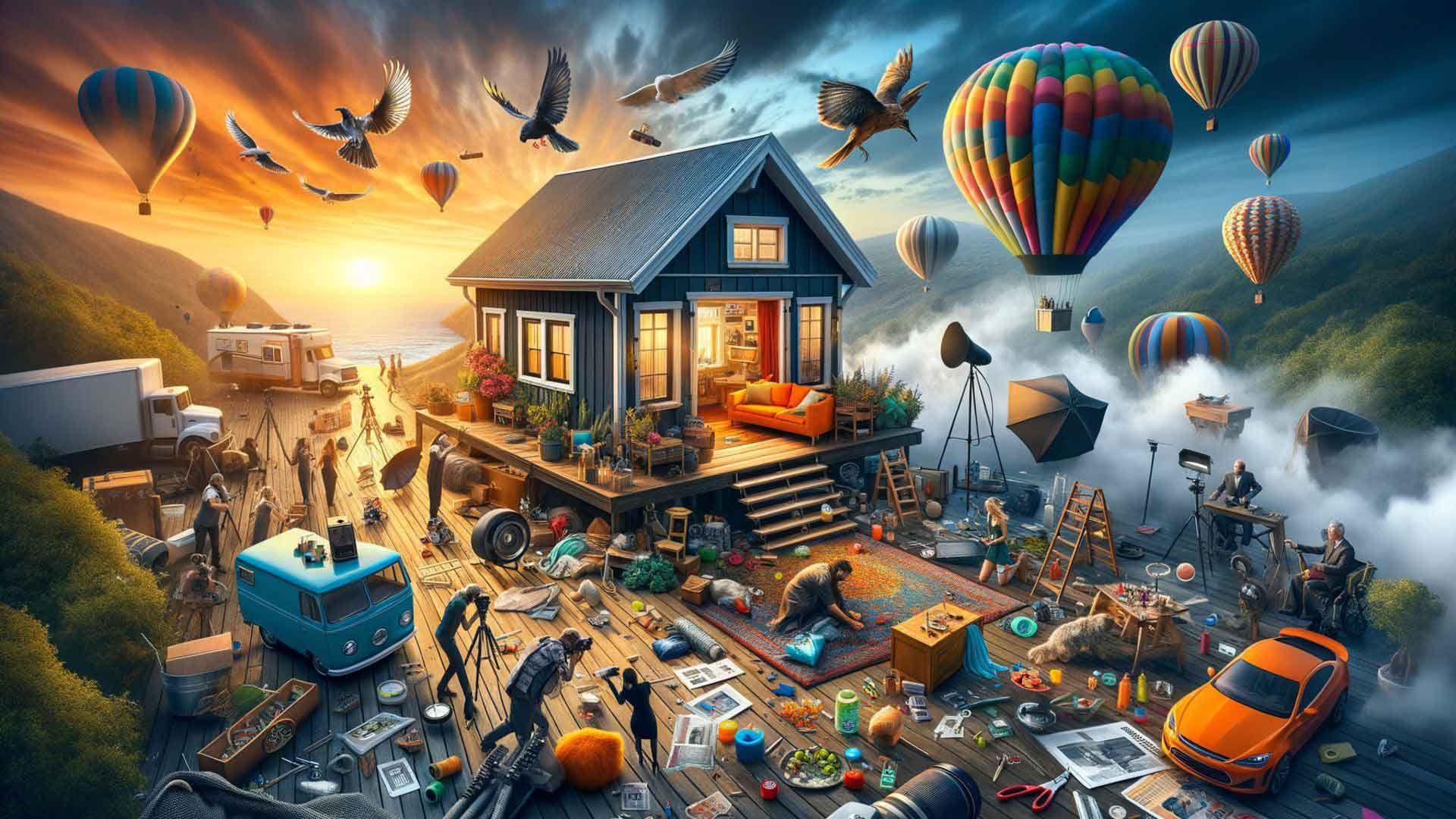 A painting of a house surrounded by hot air balloons and people.