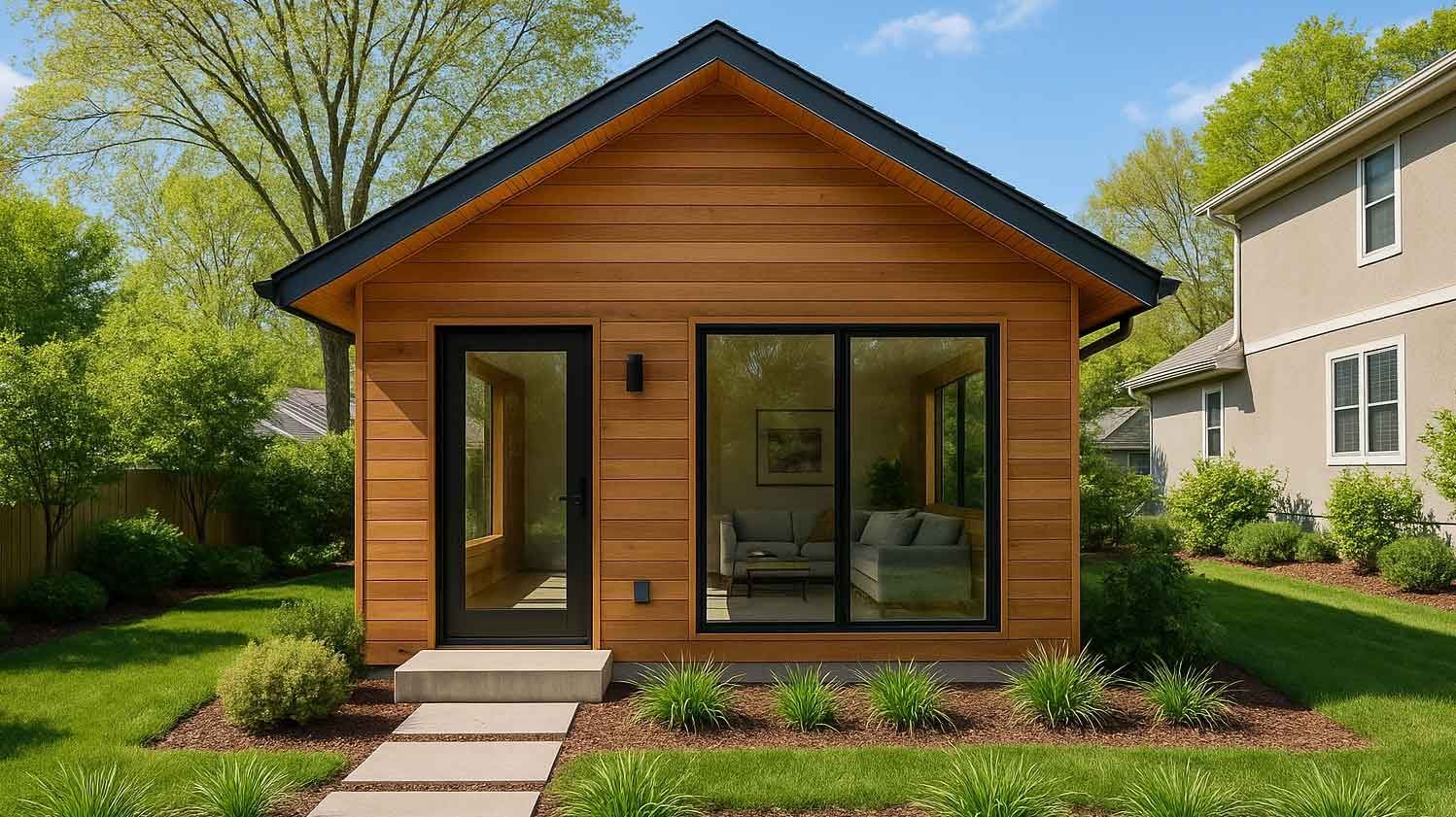 Small wooden house with a black door and large window, on a green lawn.