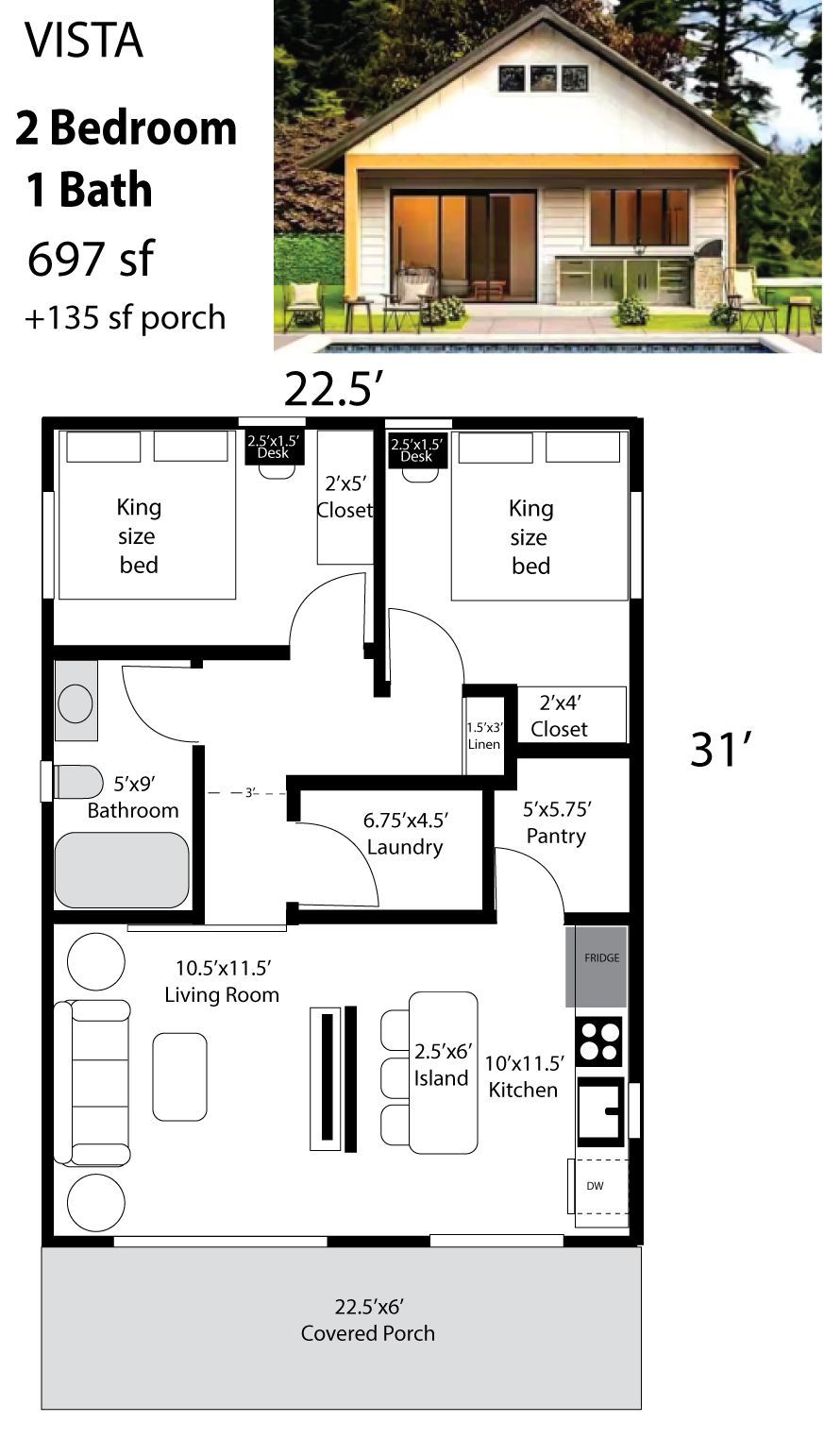 Floor plan of a small 2-bedroom house with a porch. Features include kitchen, bath, and 2 bedrooms.