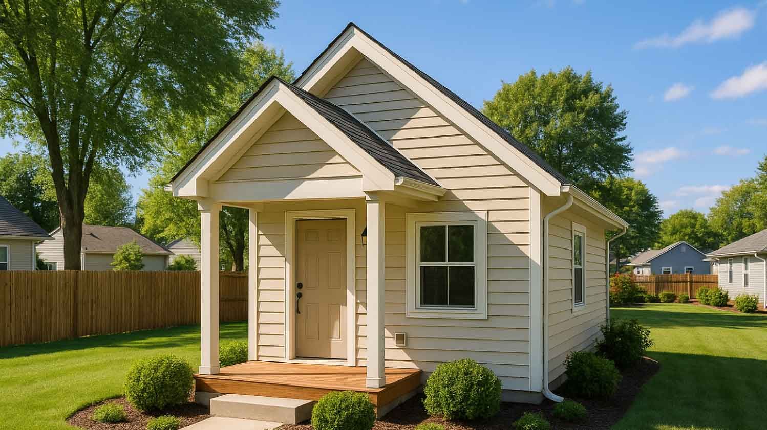 Small beige house with a porch, window, and door, surrounded by grass and bushes.