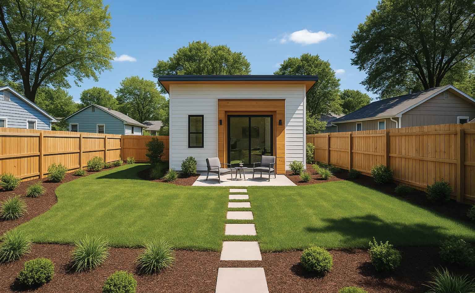 Small, light-brown house with white door and windows on a green lawn under a sunny sky.
